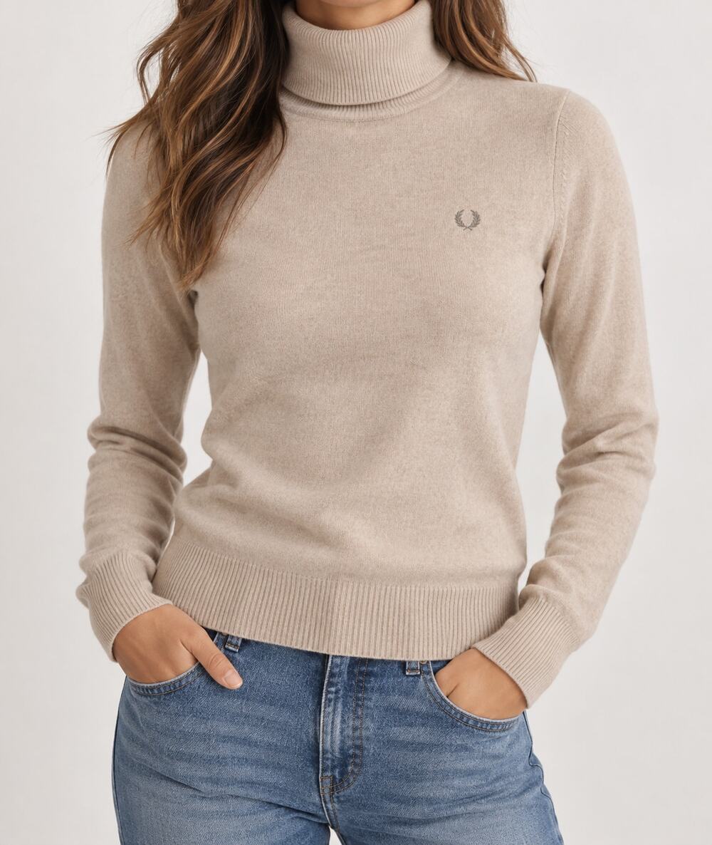 Vintage 90s Fred Perry Turtleneck Sweater Women Cashmere Italy Preppy Beige S
